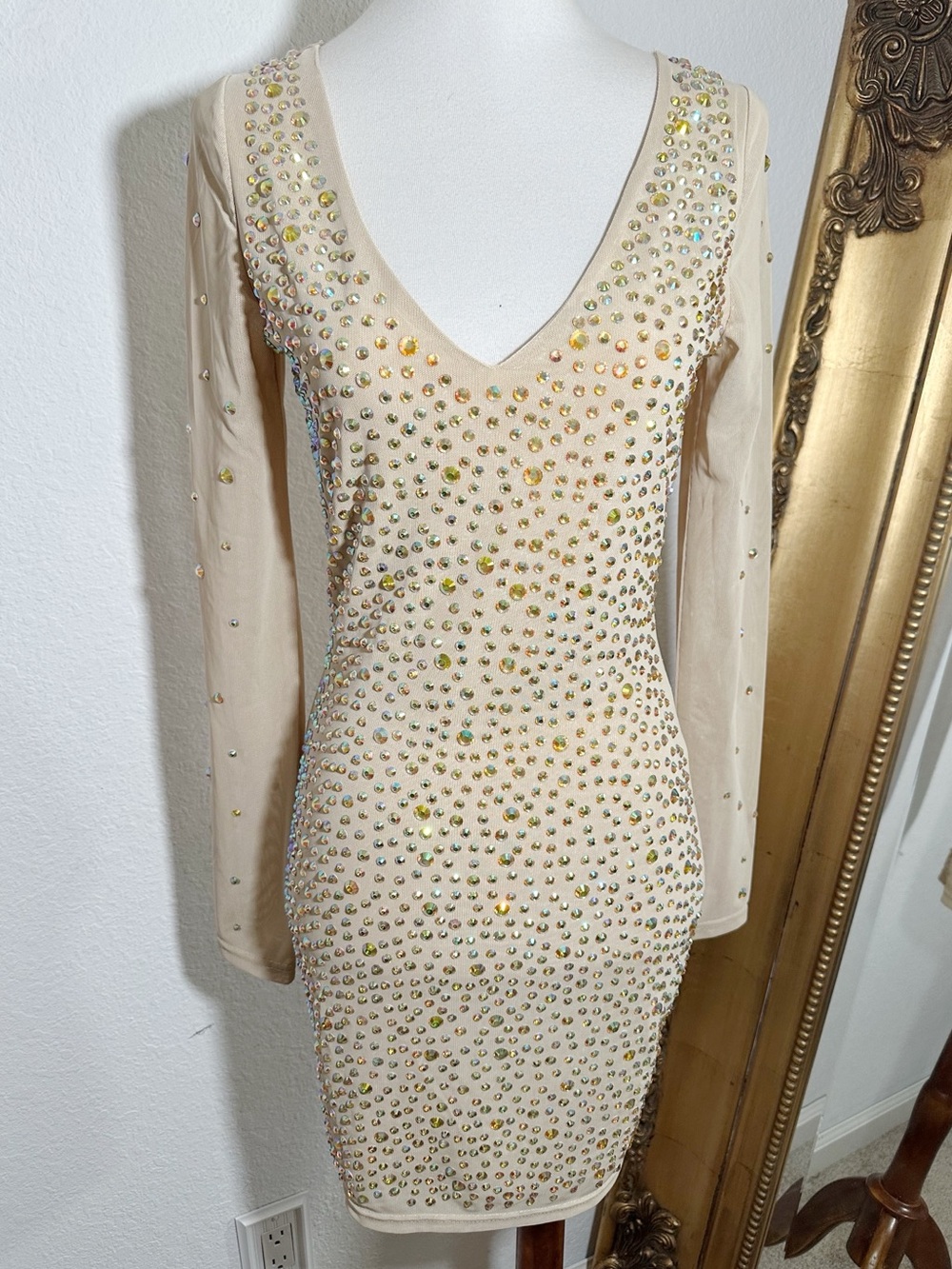 New HMS Hot Miami Styles Neutral Jewel Bedazzle Long Sleeve Deep V Mini Dress